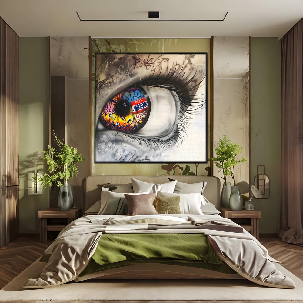 Tablou canvas cu tablou canvas cu ochi uman si graffiti, in rama de aluminiu negru, pe perete intr-un dormitor